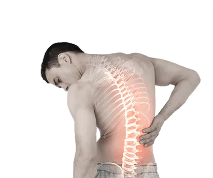 A man clutching his lower back, his spine lit up in red