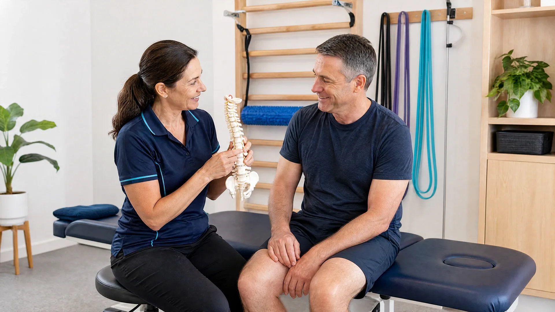 A physiotherapist explaining a spine model to a patient in her treatment room