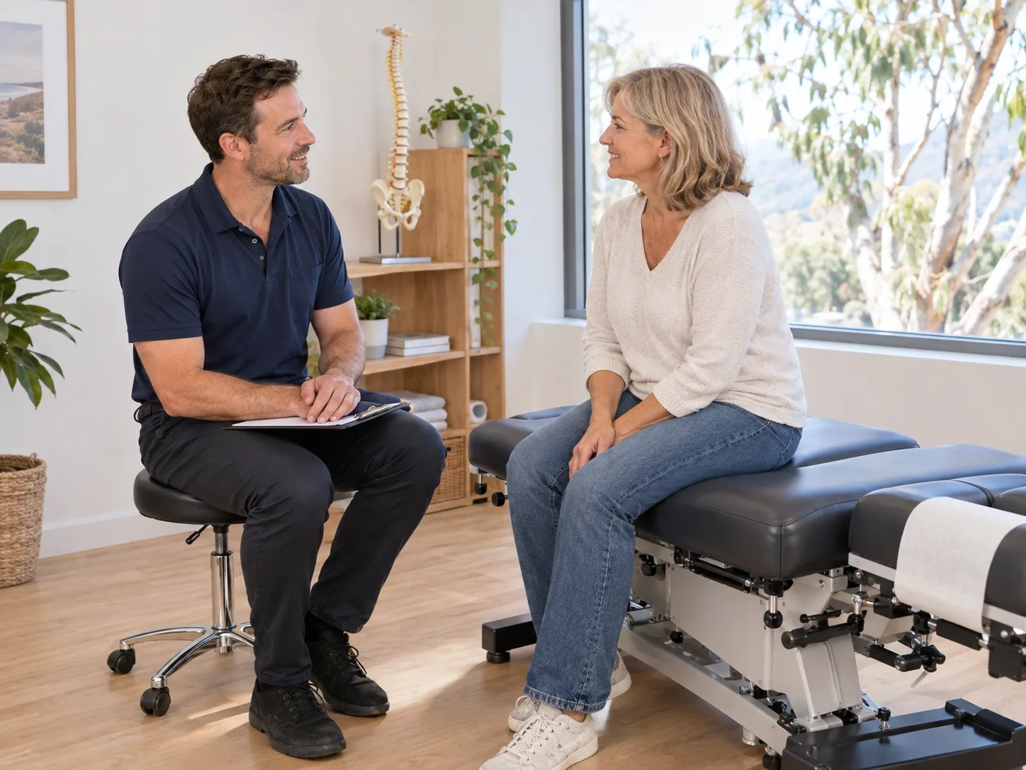Chiropractor talking with a new patient in a modern Australian chiropractic clinic