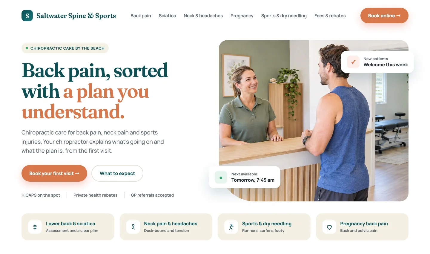 Example homepage for a chiropractic practice, with pages for back pain, sciatica, pregnancy and sports injuries and an online booking button