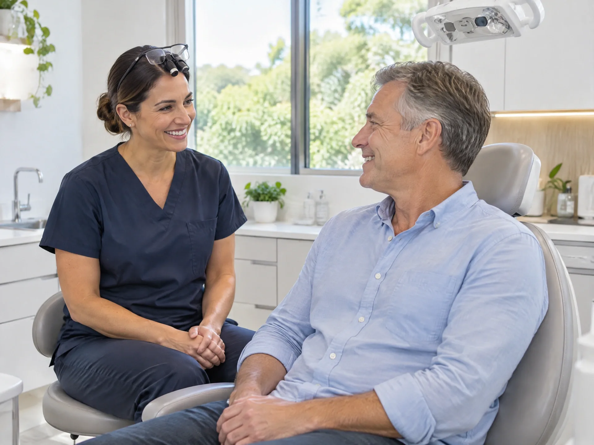 Dentist talking with a relaxed patient sitting upright in the dental chair of a bright, modern Australian dental practice