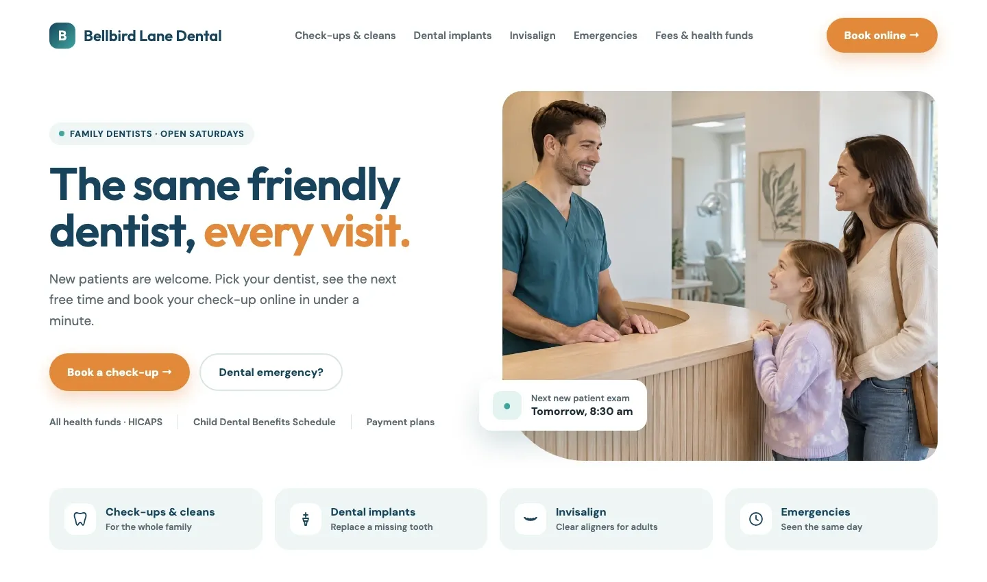 Example homepage for a dental practice, with pages for check-ups, implants, Invisalign and emergencies, health fund details and an online booking button