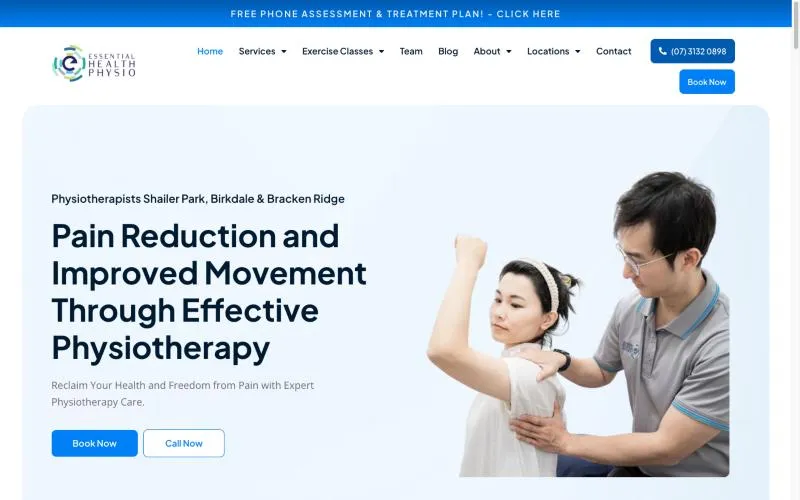 The Essential Health Physio homepage, with Book Now and Call Now buttons above the fold