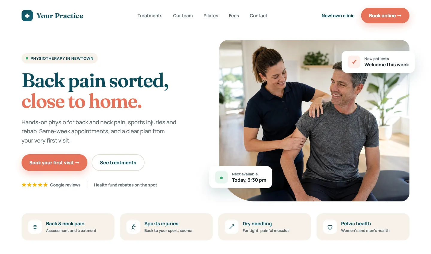Example homepage design for a physiotherapy practice: a clear headline, a Book online button, a photo of a physio with a patient, and a card for each service.