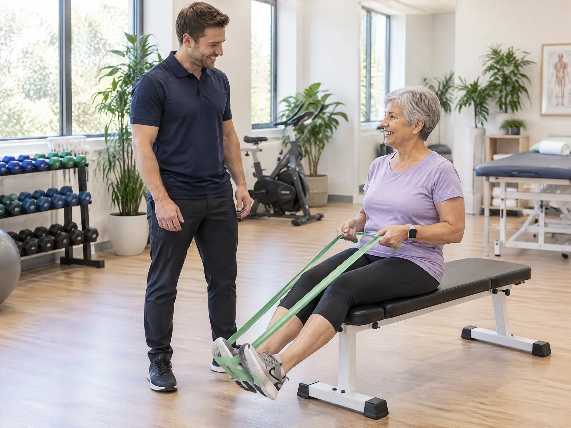 Exercise physiologist coaching an older woman through a seated resistance band exercise in a bright Australian exercise physiology clinic