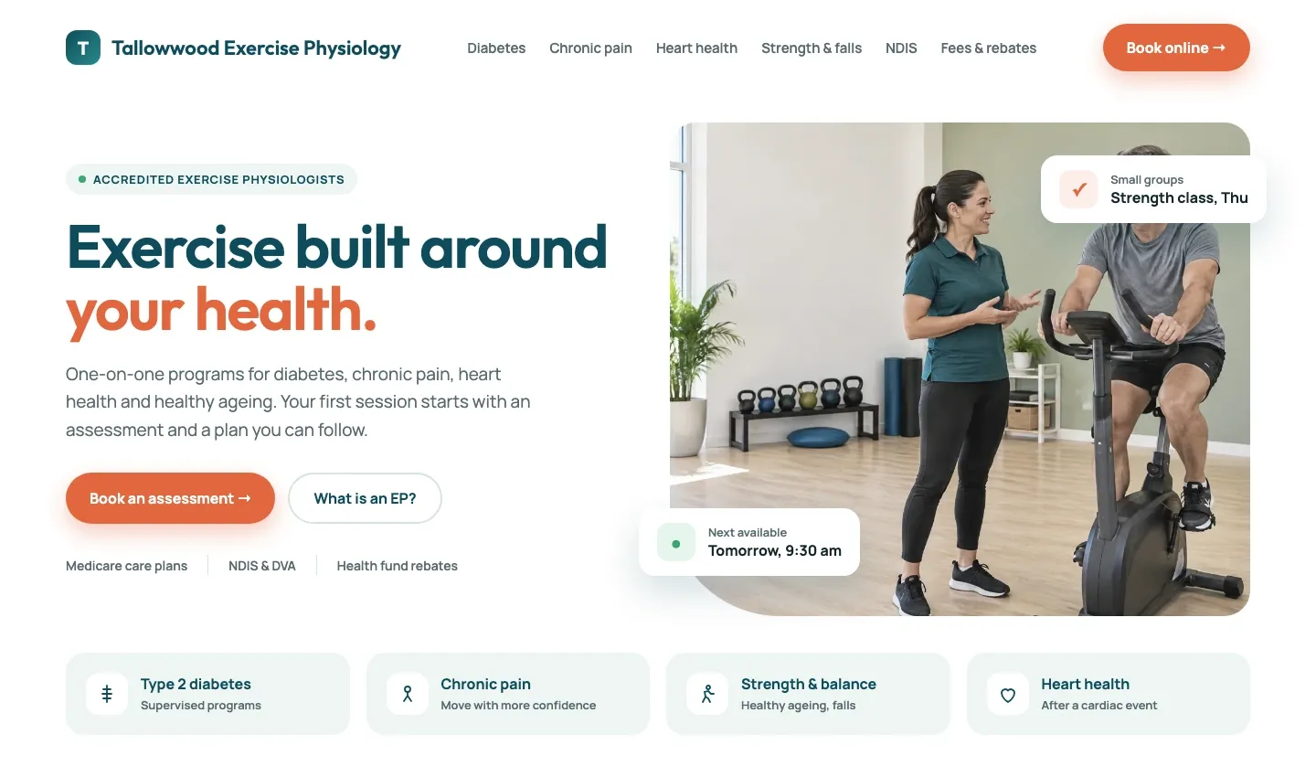 Example homepage for an exercise physiology practice, with pages for diabetes, chronic pain, heart health, strength and falls, and NDIS, and an online booking button