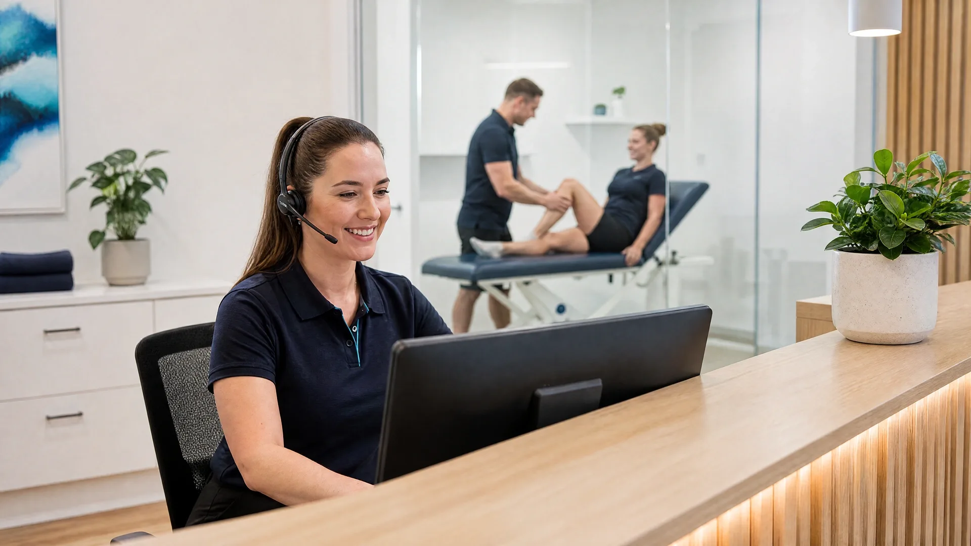 A clinic receptionist booking a patient on her headset while a physiotherapist treats a patient behind her