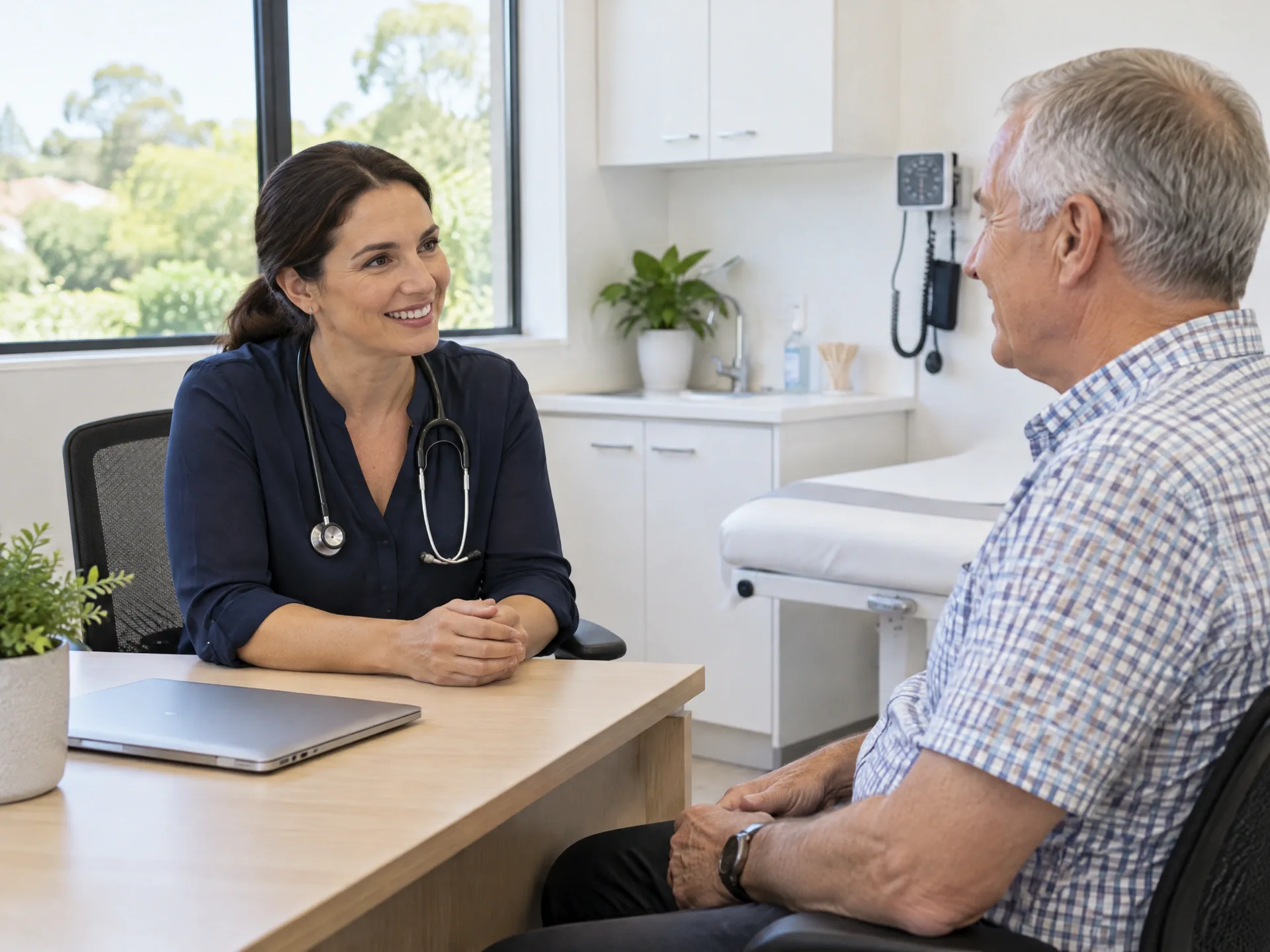 GP talking with a patient across the desk in the bright consulting room of an Australian medical centre