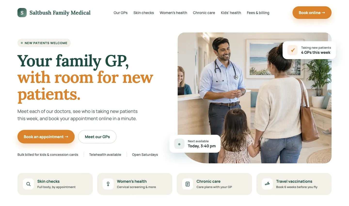 Example homepage for a GP clinic, with GP profiles, pages for skin checks, women’s health and chronic disease care, and an online booking button
