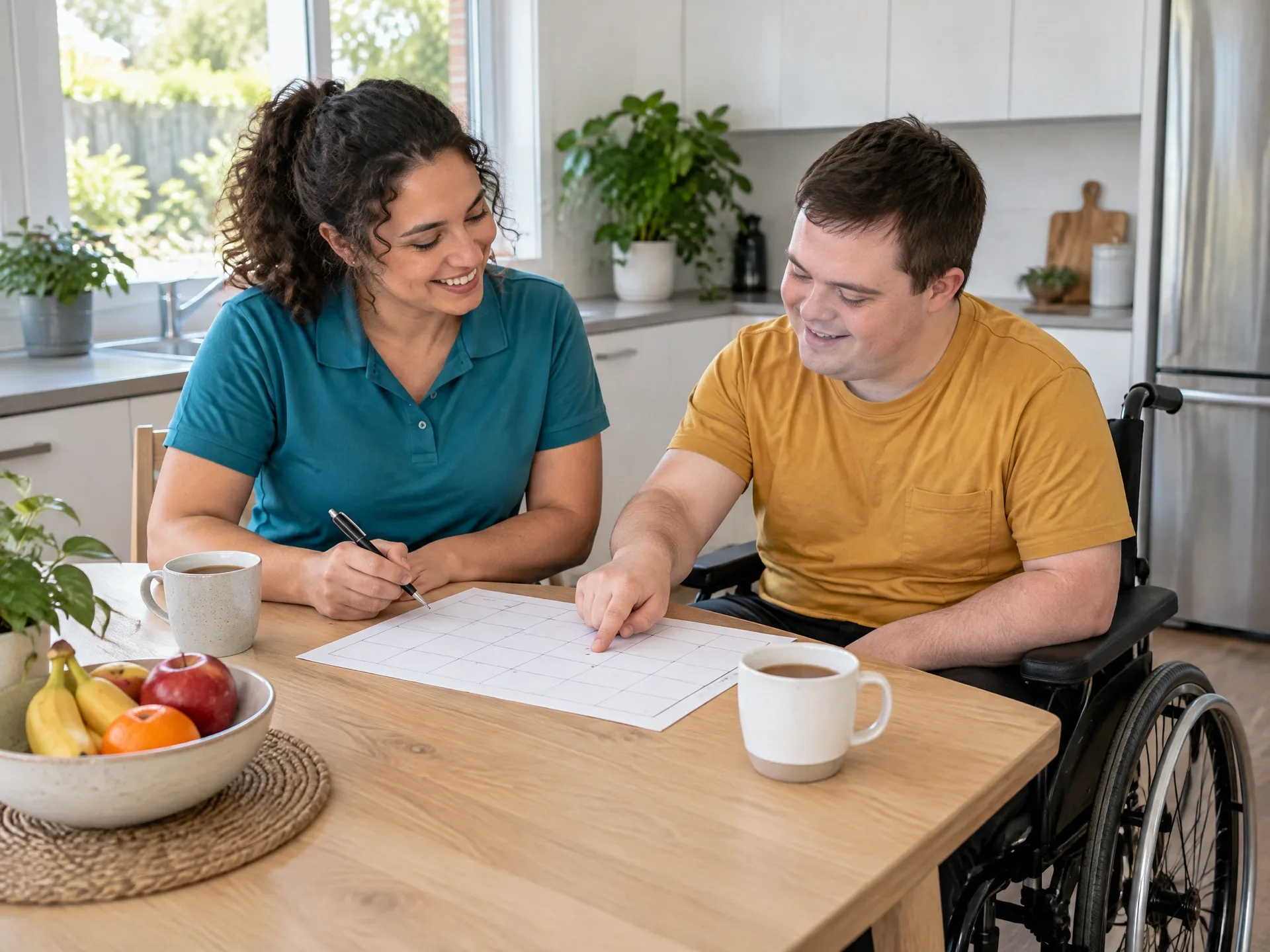NDIS support worker and a young man in a wheelchair planning his week together at a kitchen table