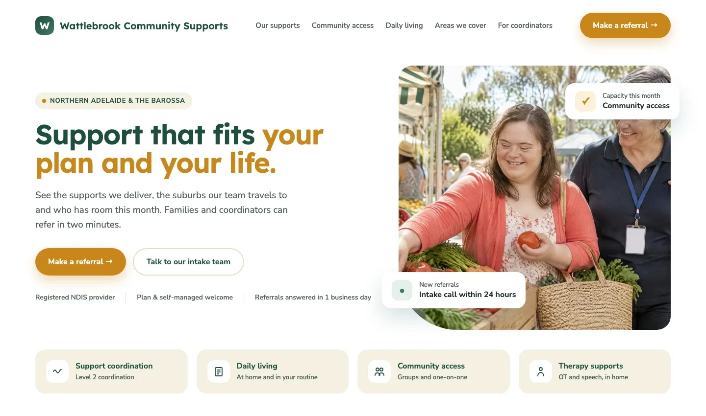 Example homepage for an NDIS provider, with pages for support coordination, community access and daily living, the regions covered, and a referral button for coordinators