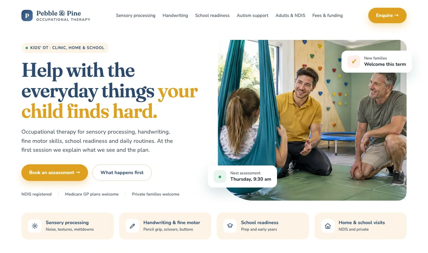 Example homepage for an occupational therapy practice, with pages for sensory processing, handwriting, school readiness, autism support and NDIS, and a button to book an assessment