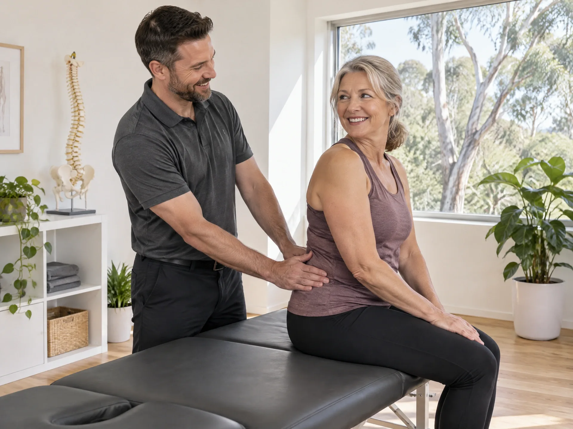 Osteopath with his hands on the lower back of a patient seated on the treatment table in a bright Australian osteopathy clinic