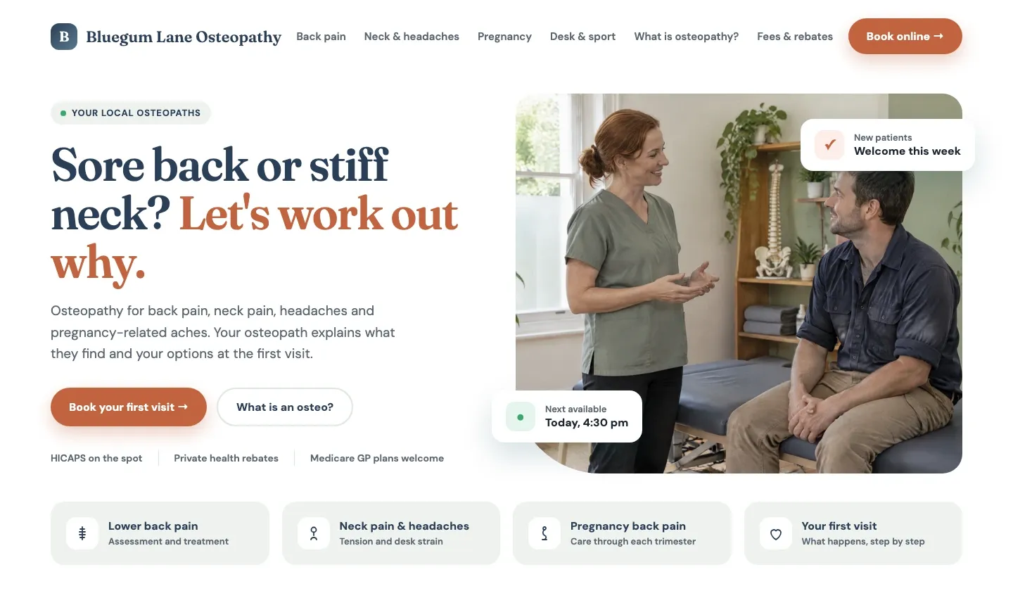 Example homepage for an osteopathy practice, with pages for back pain, neck pain and headaches, pregnancy and a first-visit guide, and an online booking button