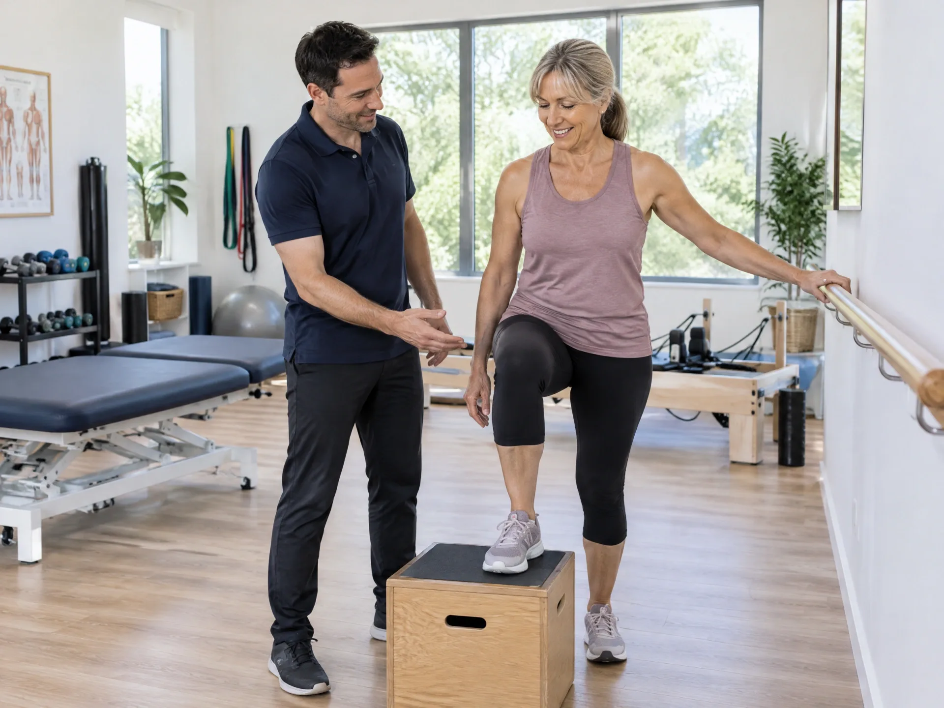 Physiotherapist coaching a patient through a supported step-up exercise in the gym area of a modern Australian physio clinic