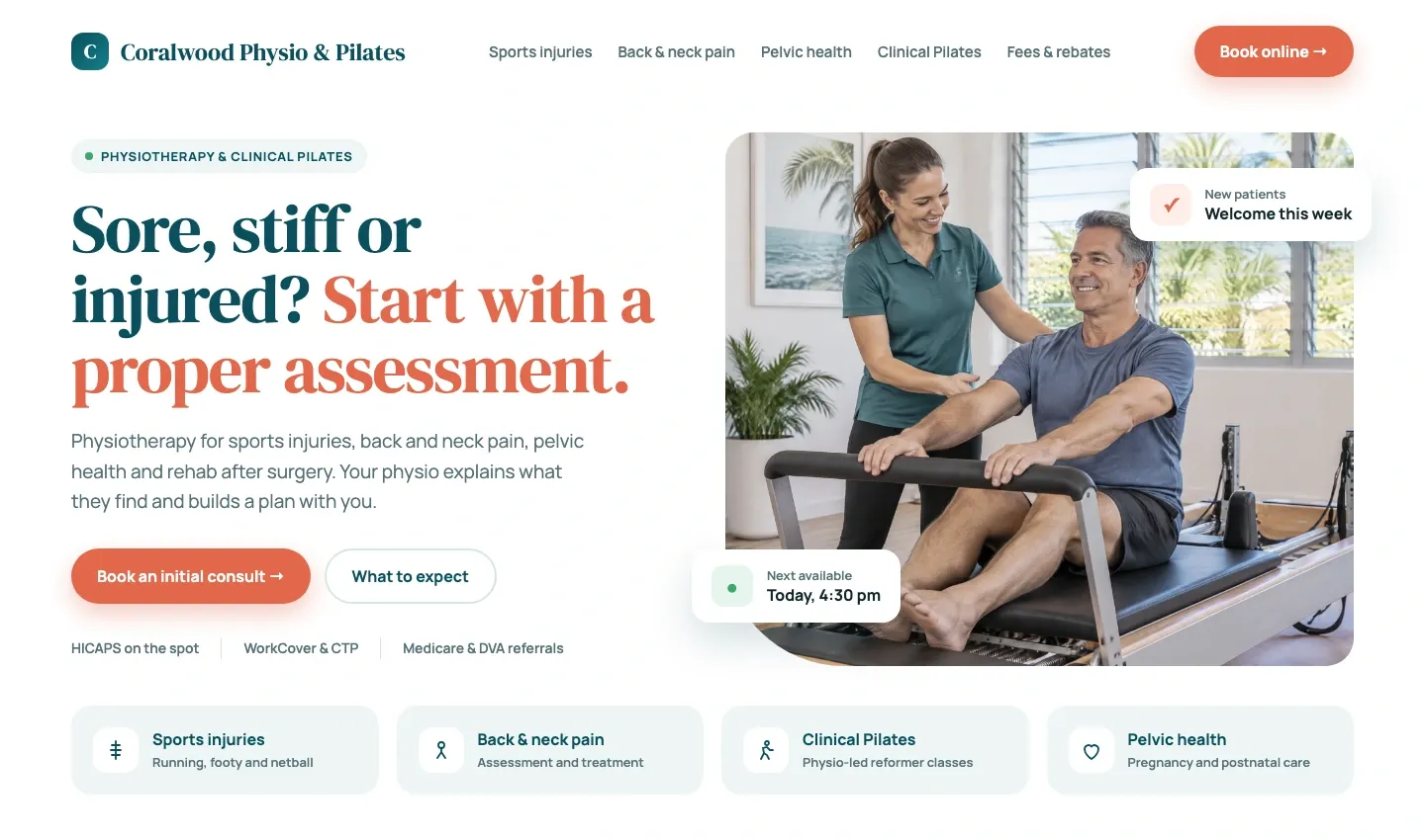 Example homepage for a physiotherapy and Pilates clinic, with pages for sports injuries, back and neck pain, pelvic health and clinical Pilates and an online booking button