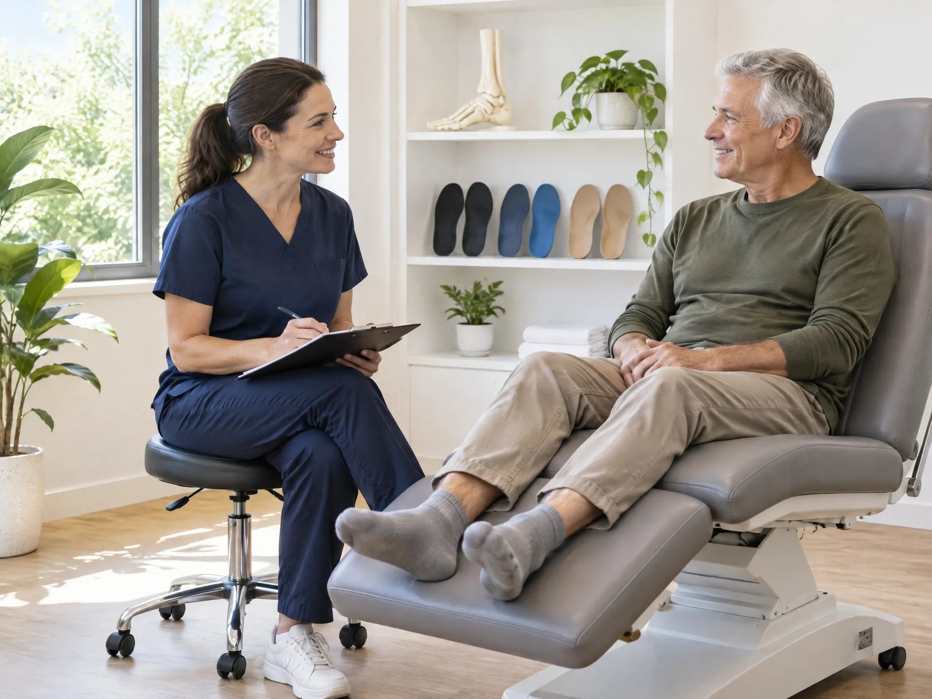 Podiatrist talking with a new patient seated in the treatment chair of a modern Australian podiatry clinic