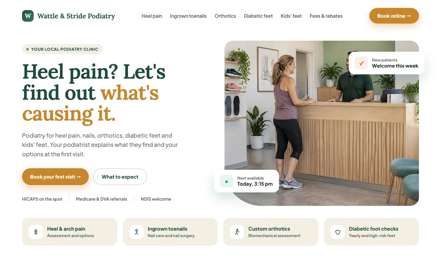 Example homepage for a podiatry practice, with pages for heel pain, ingrown toenails, orthotics, diabetic feet and kids’ feet and an online booking button