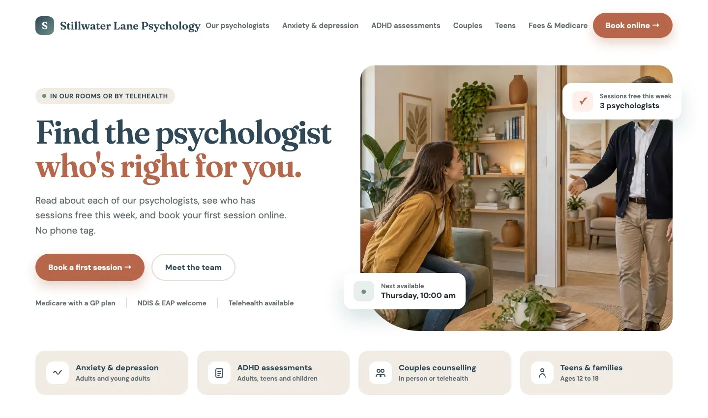 Example homepage for a psychology practice, with psychologist profiles, pages for anxiety, ADHD assessments and couples counselling, and an online booking button