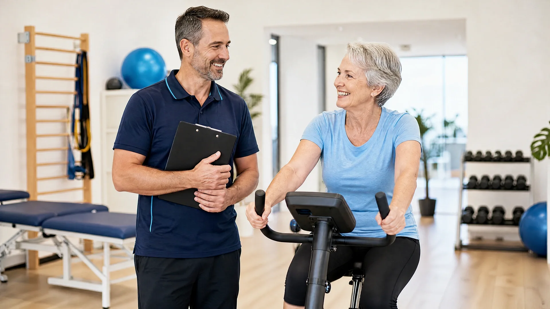 A physiotherapist talking with a patient on an exercise bike in his rehab gym